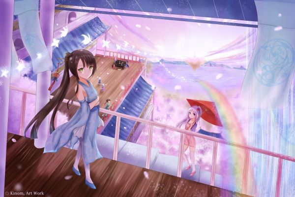 Anime, Filles anime, parapluie, Caractères originaux, fleur de cerisier, capture d'écran