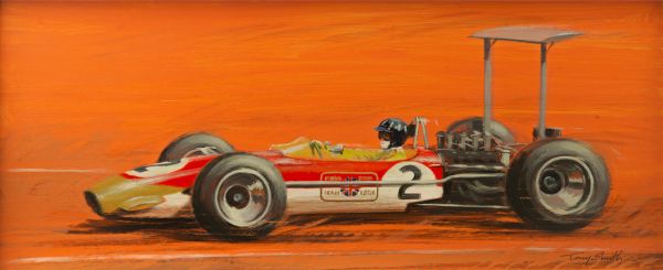 formula cars,lukisan cat minyak,Tony Smith,lukisan,Graham Hill,1968 Lotus 49B High Wing