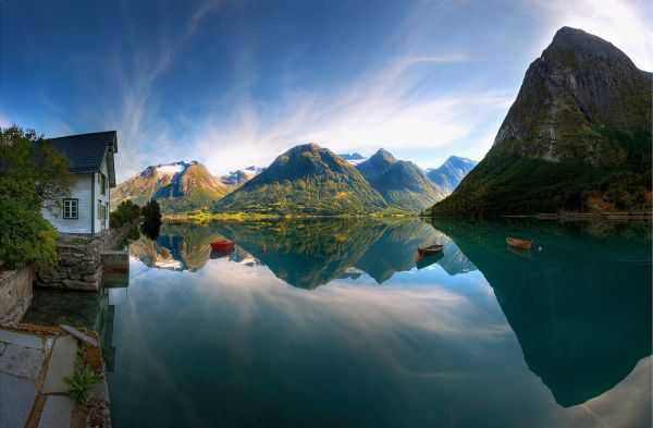 Barco a remos, 1280x840 px, lago, montanha