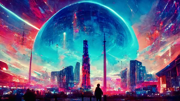 Đầy màu sắc,Neon,Thành phố,Cyberpunk,Mái vòm,ai art