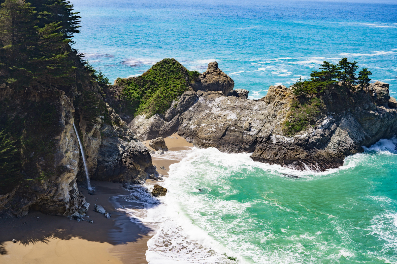 plajă, peisaj, natură, copaci, mare, McWay Falls, California, Statele Unite ale Americii, America de Nord, nisip, faleza, roci, cascadă