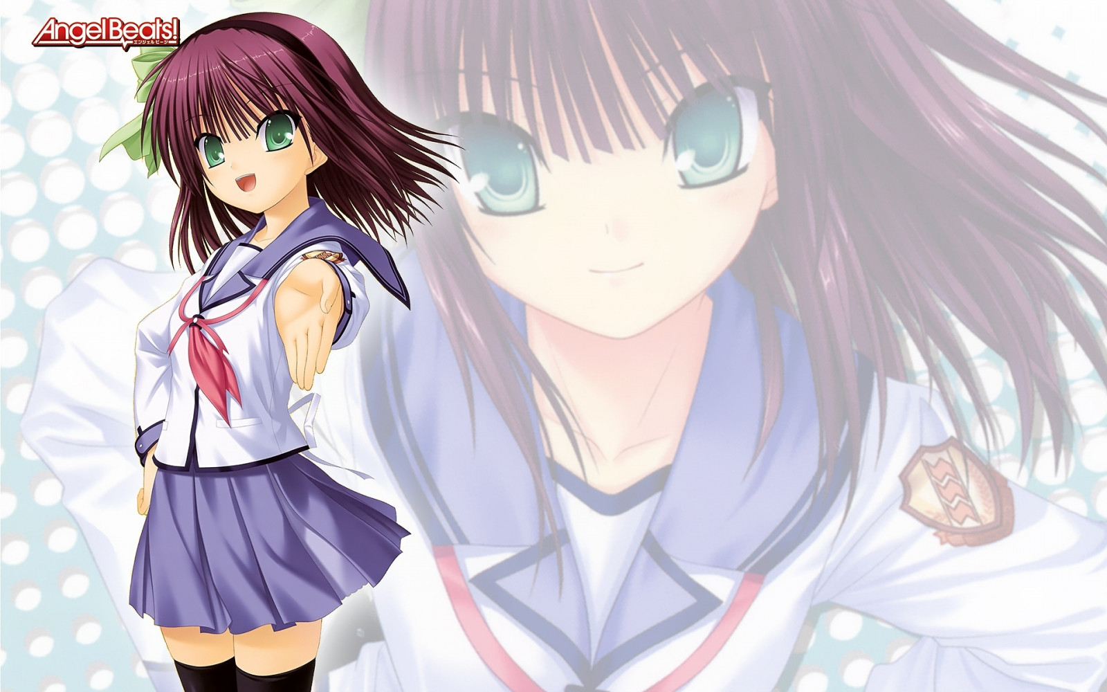 Angel Beats, menina, gesto, olhos verdes, saia