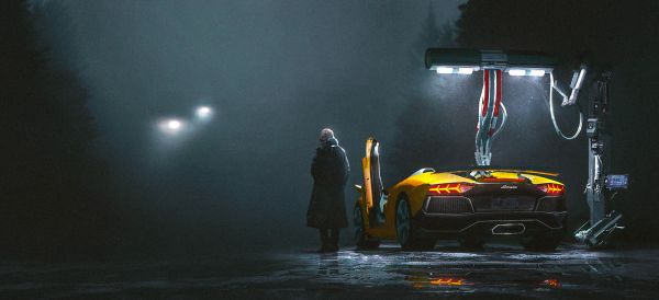 obra de arte,arte digital,futurista,Lamborghini,carro,noite