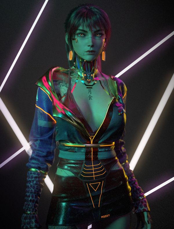 Samuel Martins,CGI,kvinner,cyberpunk,ørering,neon