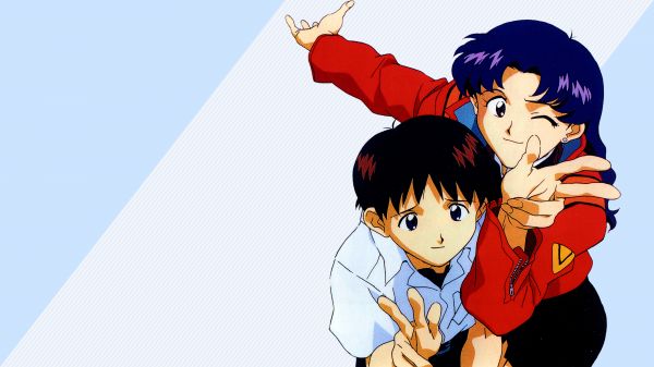 Neon Genesis Evangelion,Ikari Shinji,Katsuragi Misato,rambut biru,si rambut coklat,tanda damai