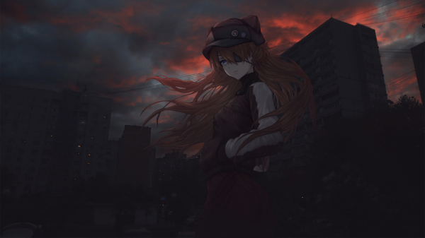 Asuka Langley Soryu,anime tytöt,hattu,plugsuit,takki,kaupunki