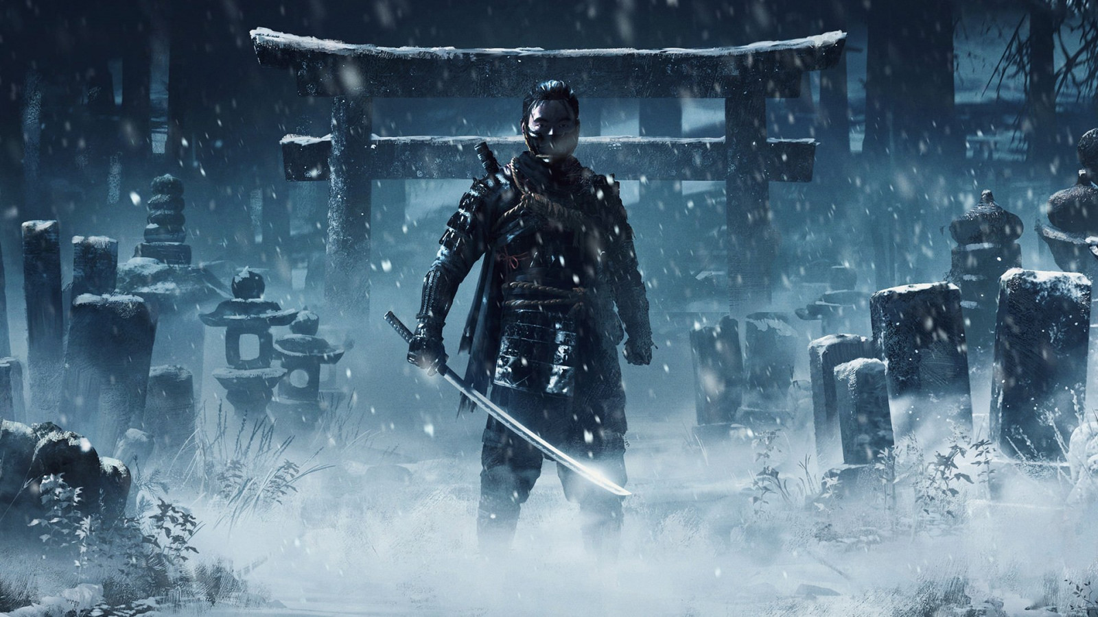 Ghost of Tsushima, samoerai, winter, zwaard, krijger, Video Game Art