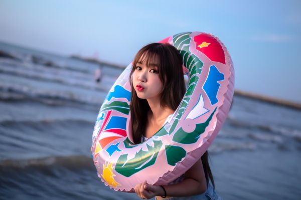 vrouw, model-, Aziatisch, brunette, women on beach, Drijver