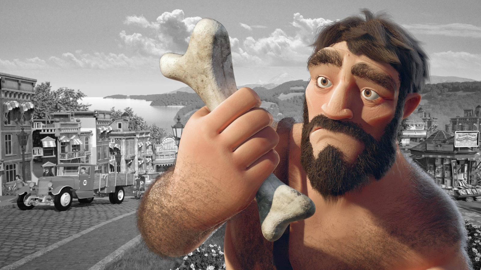 video games, Forge of Empires, men, selective coloring, bones, prehistoric, old car, beard, city