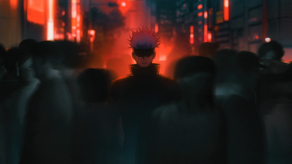 Jujutsu Kaisen,Satoru Gojo,hvidt hår,bind for øjnene,uniform,skarer