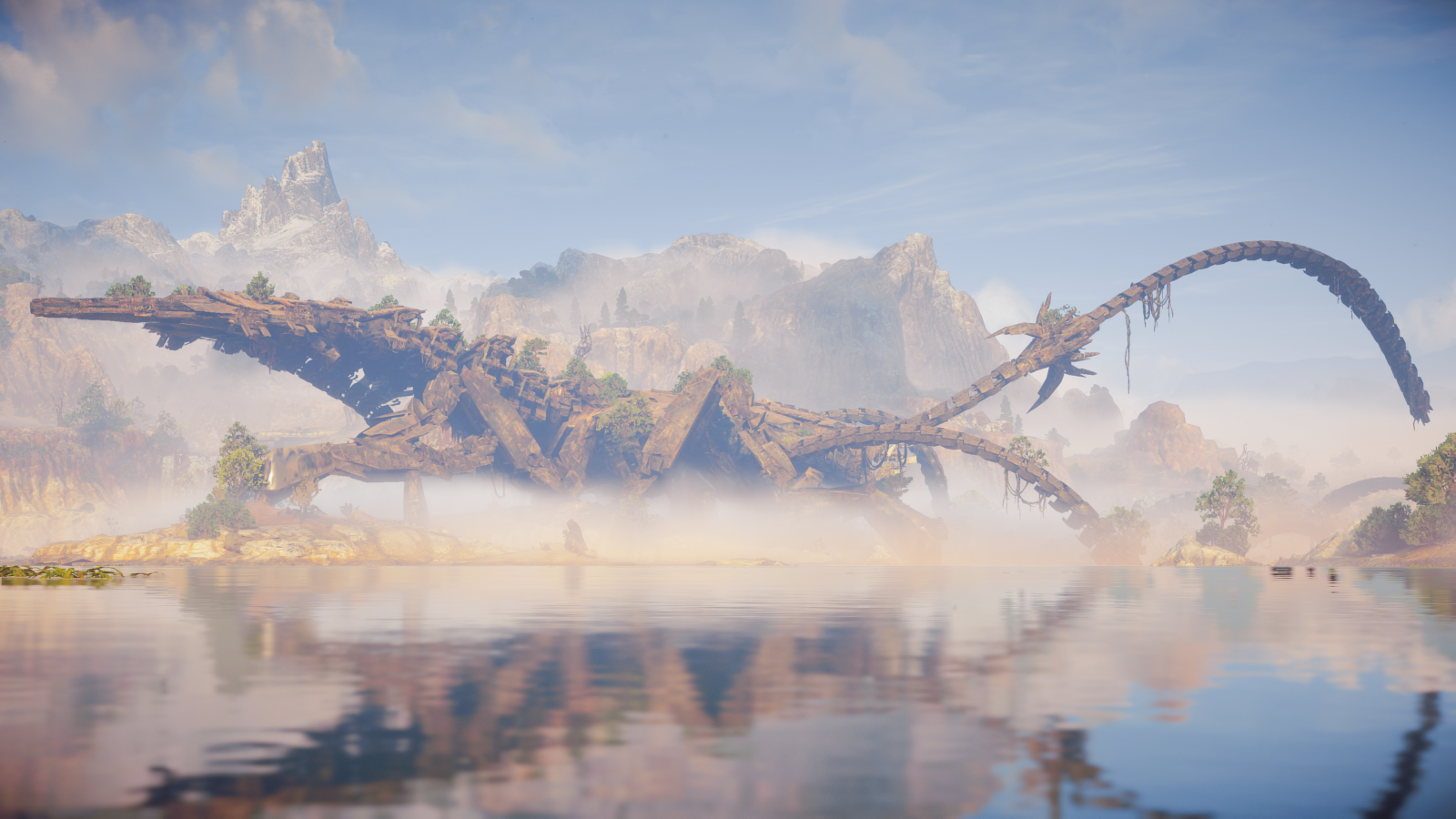 horizon forbidden west, Playstation 4 Pro, PlayStation, screen shot, Video game, games gerilya, 4k, refleksi, pegunungan, kabut, reruntuhan, kecelakaan, mesin, mekanika, ditumbuhi