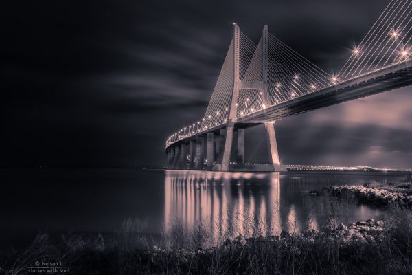 panorama, janela, mar, noite, reflexão, monocromático