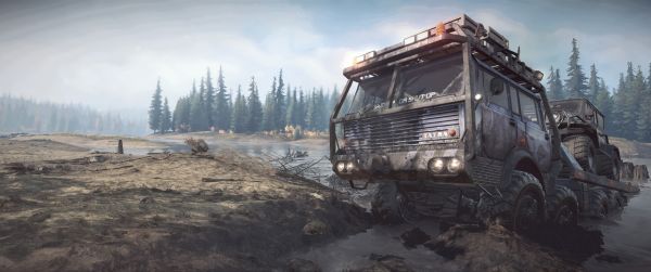 screen shot,ultrawide,Snowrunner,Truck,mud,Michigan