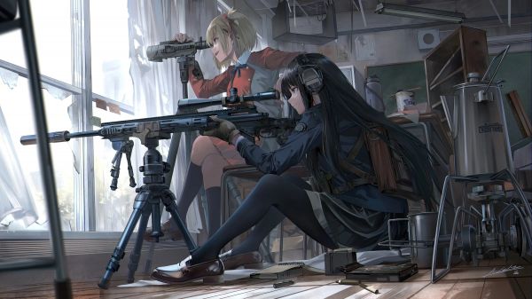 Filles anime,Filles avec des armes à feu,Anime,arme,pistolet,ouvrages d'art