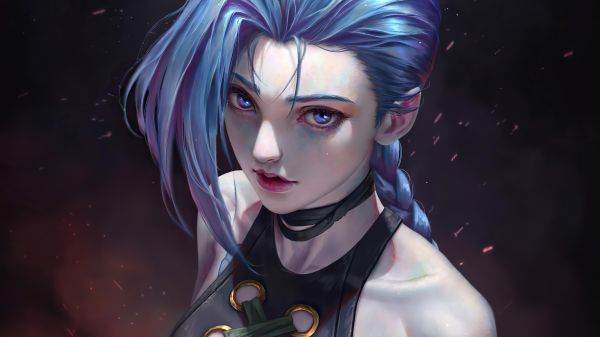 ochi albaștrii,Jinx League of Legends,uita la vizualizator,par albastru