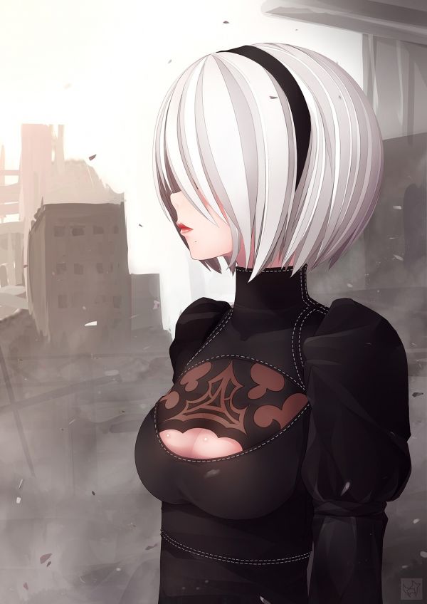 Anime, cheveux noirs, Nier Automata, Fond simple, cheveux blancs, cheveux courts