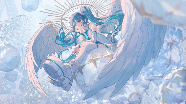 long hair,Halo,blue hair,blue eyes,angel's wings,Low Angle