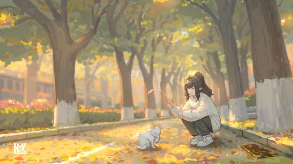 original characters,Hua Ming wink,cats,trees,fallen leaves,schoolgirl