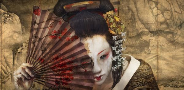 japanske kvinder,fan kunst,Othon Nikolaidis,makeup,mørkt hår,digitalt maleri