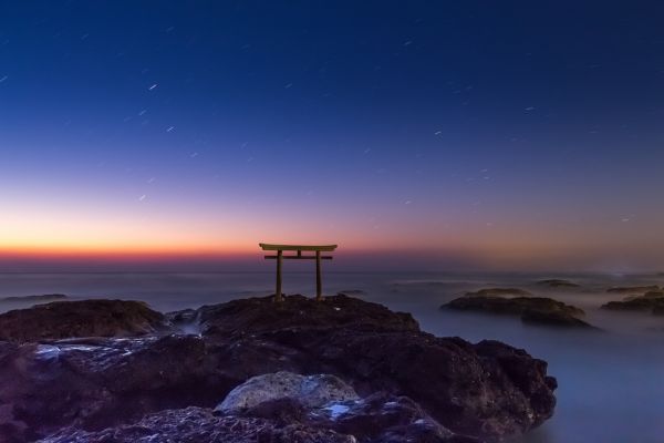 solnedgång,hav,natt,sten,strand,japan