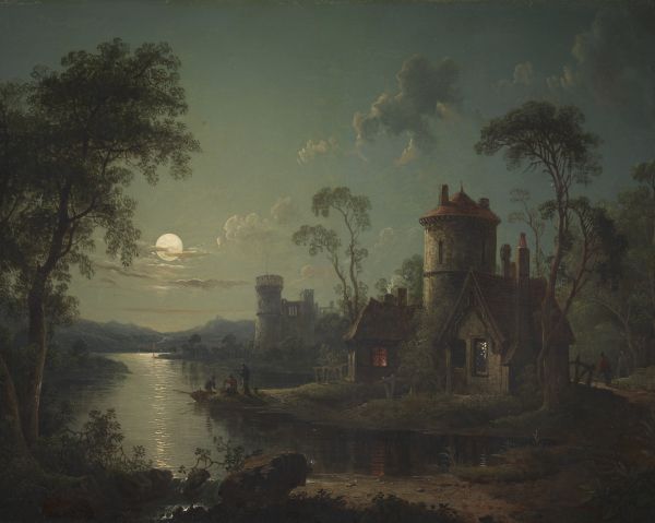 Sebastian Pether,langit cerah,Kastil,rumah,sinar bulan,Oil on canvas