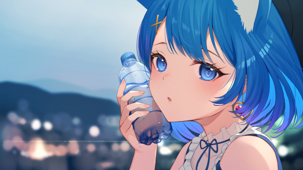 bouteille d'eau,Filles anime,Cheveux bleus,yeux bleus,fille chat,oreilles de chat