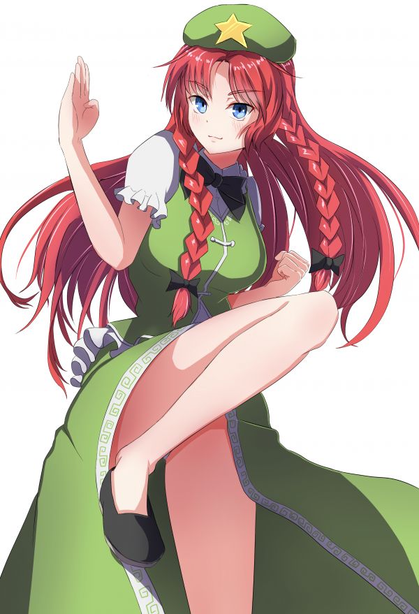 Anime piger,langt hår,Touhou,Hong Meiling,rødhåret,blå øjne