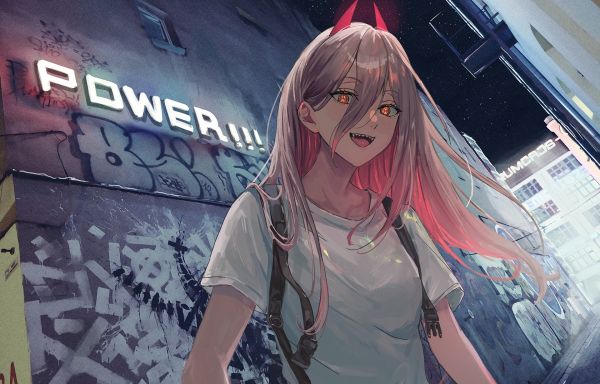 Power Chainsaw Man,graffiti,alleyway,backpacks,looking at viewer,Chainsaw Man