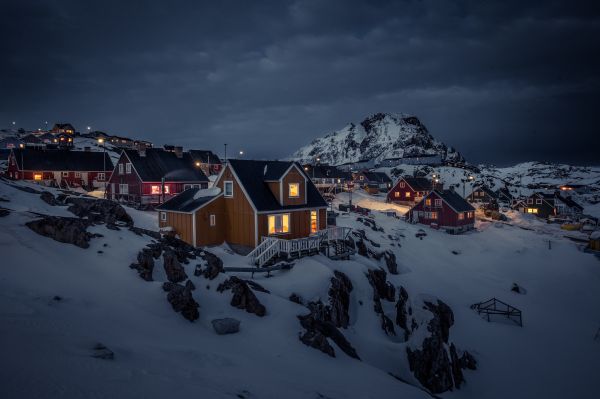 paesaggio, luci, montagne, notte, la neve, buio