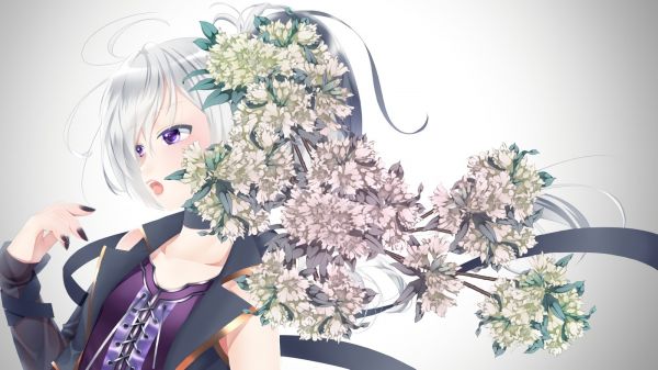 illustration,flowers,anime,anime girls,white hair,short hair