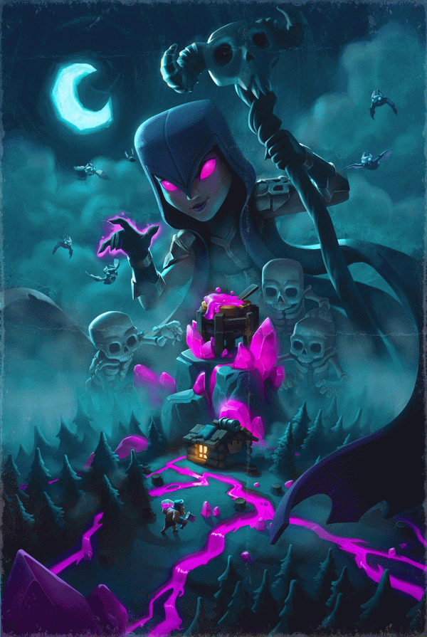 Video Game Art,skeleton,Clash Royale,Loading screen,night,witch