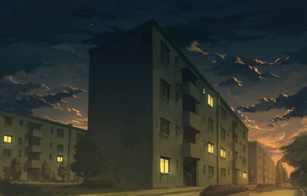 apartments, building, city, night, 1740x1109 px