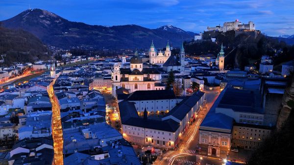 città, strada, paesaggio urbano, notte, strada luce, montagne