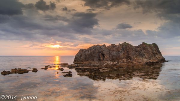 η δυση του ηλιου, θάλασσα, βράχος, Ιαπωνία, ουρανός, αντανάκλαση