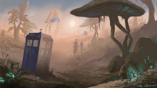 landscape,sky,painting,anime,Doctor Who,TARDIS