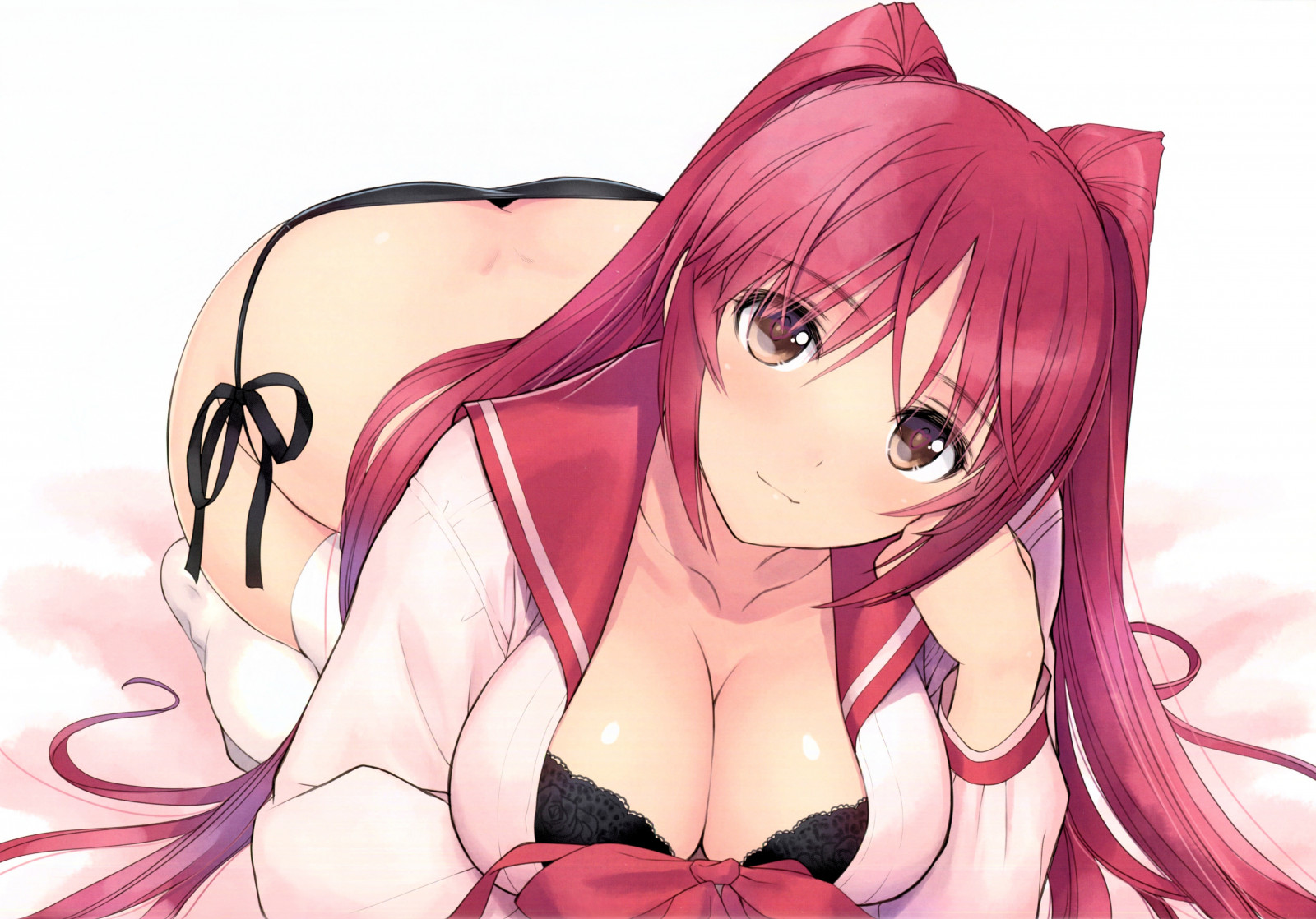 illustration, roux, cheveux longs, Anime, Filles anime, cul, dessin animé, cheveux noirs, yeux marrons, clivage, soutien-gorge, bouche, chemise ouverte, rose, Tony Taka, To Heart 2, Kousaka Tamaki, Série Heart, Mangaka