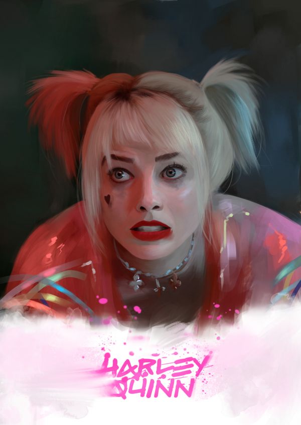 Harley Quinn,ArtStation,Margot Robbie,konstverk,blont hår,stående display