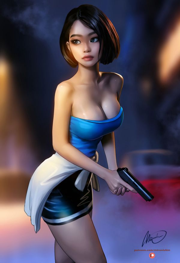 gambar,Mironishin Story,Jill Valentine,Kediaman iblis,rambut hitam,pistol