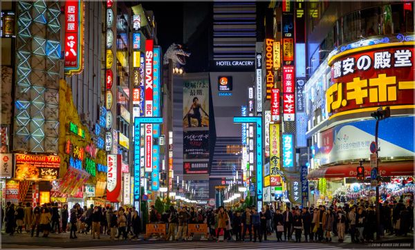 Japonsko, město, ulice, panoráma města, světla, noc