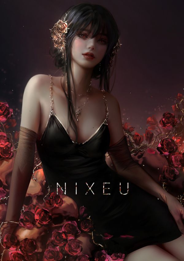 women,fantasy art,black hair,looking at viewer,black dress,Nixeu