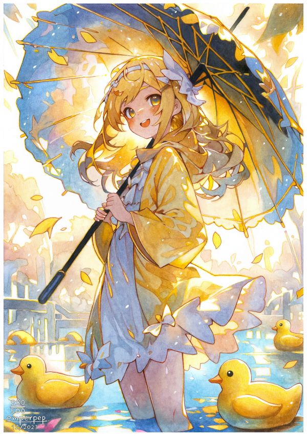 Filles anime,Regarder la visionneuse,robe blanche,blond,parapluie,yellow jacket