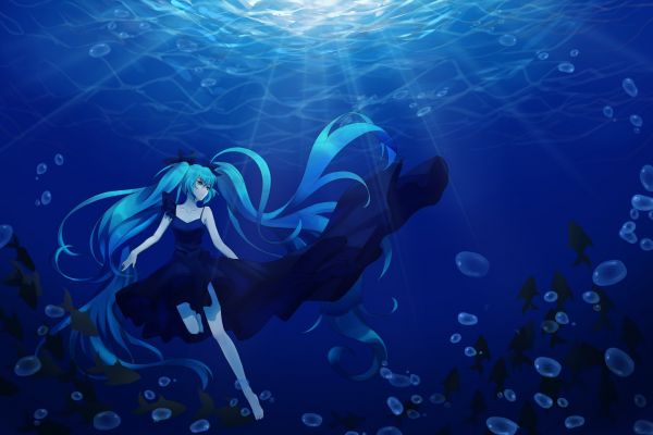 илюстрация,море,Vocaloid,Hatsune Miku,под вода,twintails