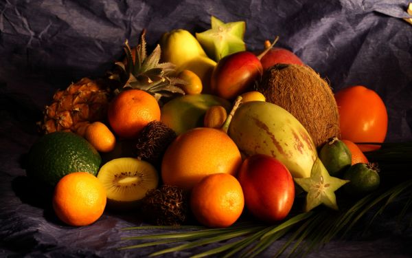 fruit,coconut,grapefruit,cloth,table,pomegranate