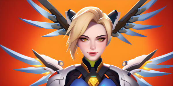 Mercy Overwatch, orange background, simple background, plain background, blonde, wings