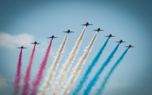 sky, vehicle, airplane, aircraft, blue, contrails