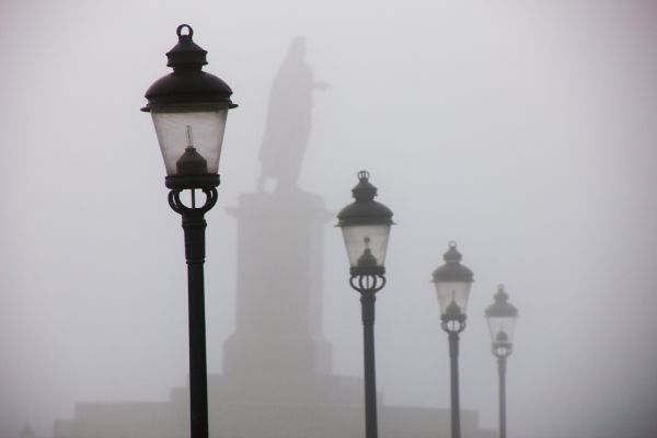 空,朝,ミスト,街路灯,ランプ,点灯