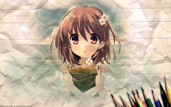 illustratie,anime,brunette,Vliegbaar Hart,bloemen,potloden