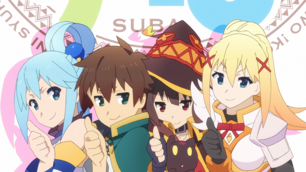 Kono Subarashii Sekai ni Shukufuku wo,Aqua KonoSuba,Sat Kazuma Kono Subarashii Sekai ni Shukufuku wo,Megumin,Karanlık KonoSuba,başparmak havaya