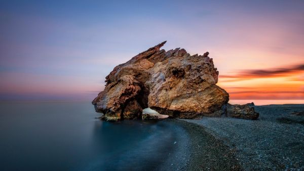 пейзаж,закат солнца,море,воды,камень,Берег