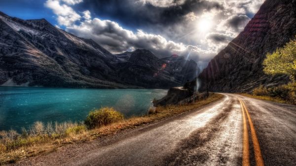 lumière du soleil,paysage,la nature,colline,Lac,route